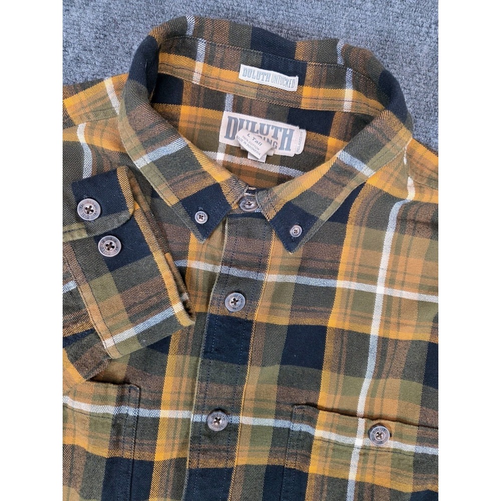 Duluth Trading Flannel Shirt Mens Large Tall Mustard Black Plaid‎  Relaxed Fit